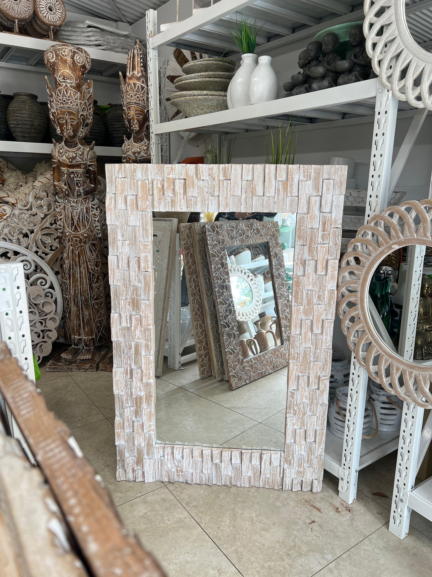 Wooden Balinese Geometric Mirror