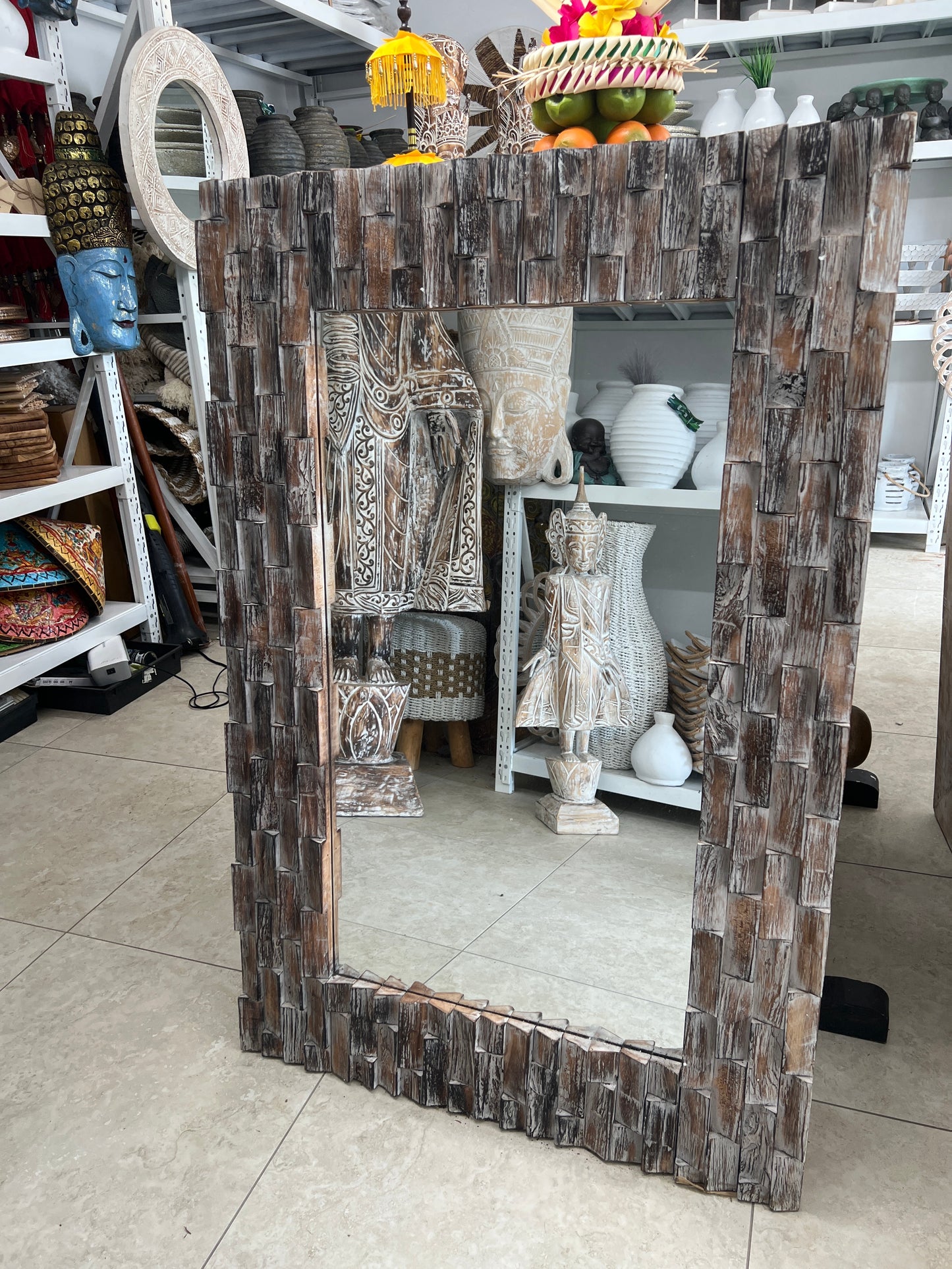 Wooden Balinese Geometric Mirror