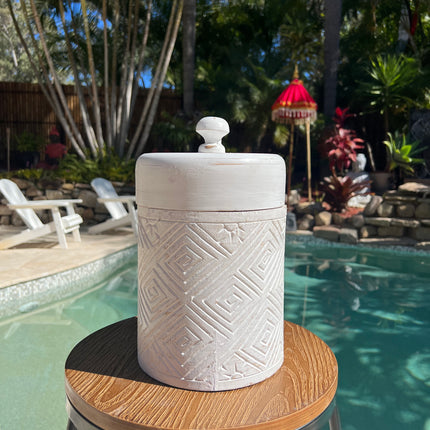 Wooden Tribal Carved Barrel - White Washed