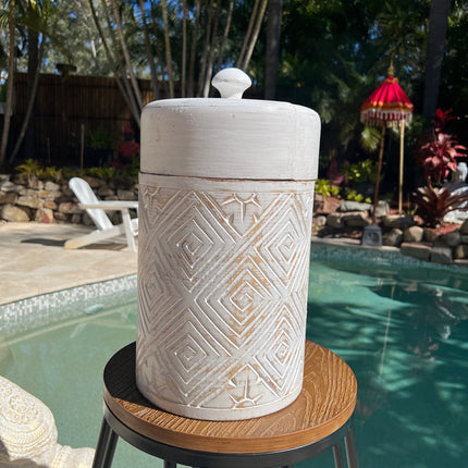 Wooden Tribal Carved Barrel - White Washed