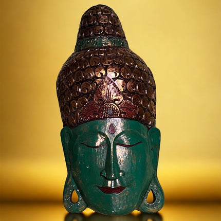 Large Wooden Buddha Head (Gold & Green)