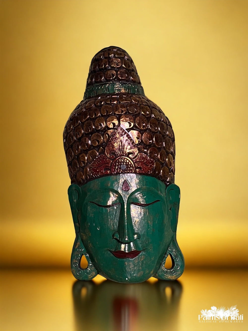 Large Wooden Buddha Head (Gold & Green)